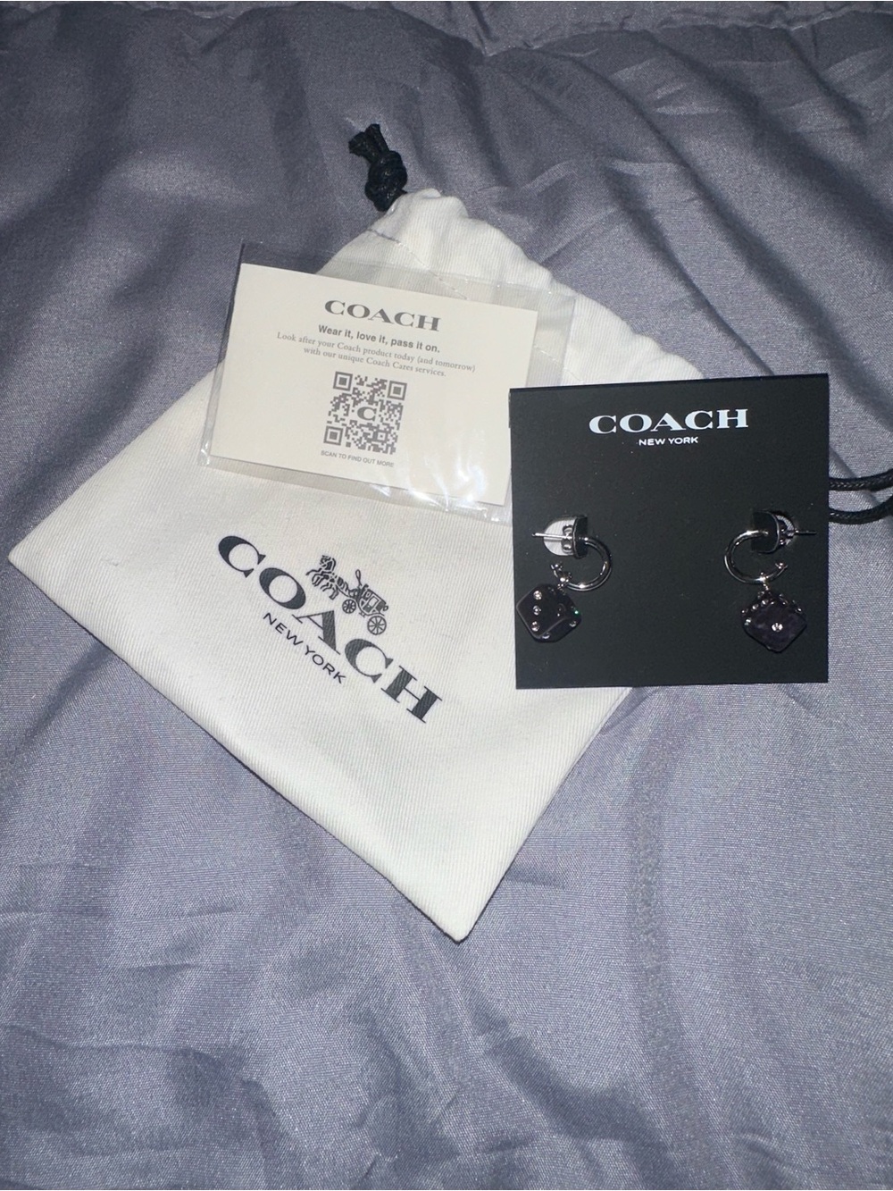 COACH Black and Silver Hoop Earrings with Dice Charm